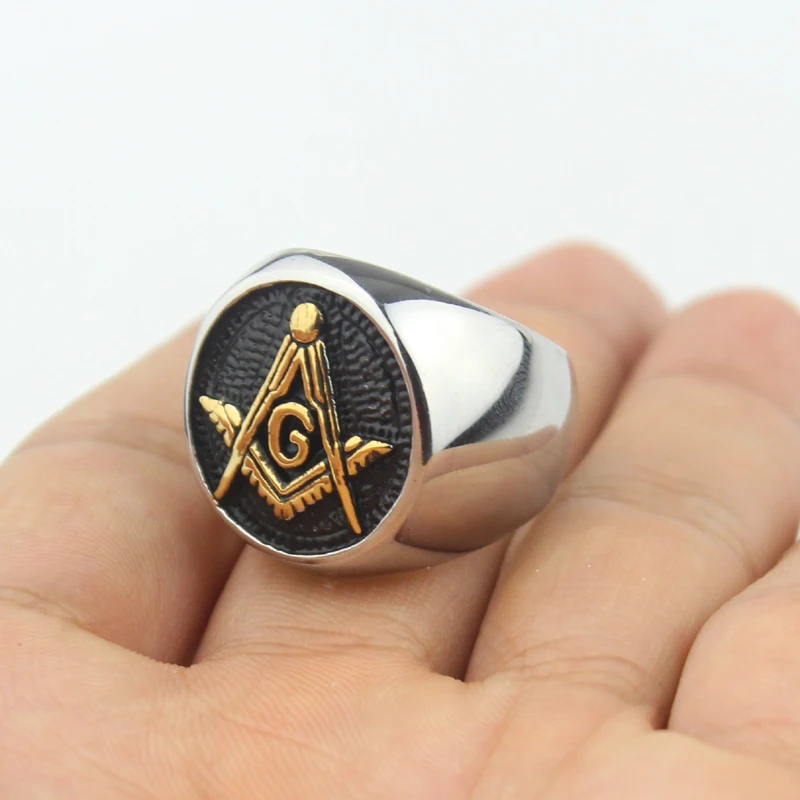 Mens Black Gold Color Embossed Stamped Freemason Masonic Stainless Steel Biker Ring