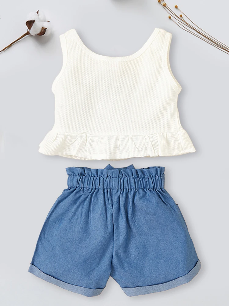 Summer Girl Fashion Clothes Suit Baby Sleeveless Tank Top + Elastic Waist Bow Denim Shorts Two-piece Clothes Children's Suits