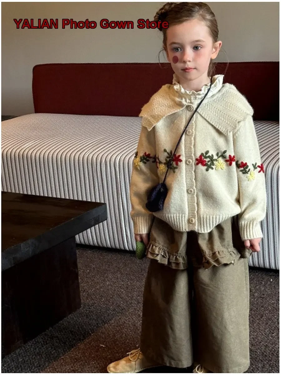 Girls Sweet Embroidered Single-Breasted Loose V-Neck Cardigan Kids