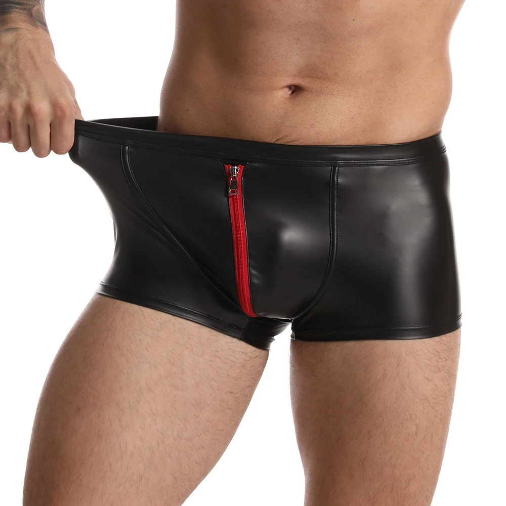 Zipper Boxer Men\'s Panties Sexy Leather Shorts Bulge Pouch Underpants Gay Hot Mens Underwear Soft Slip Briefs Male Causal Wear