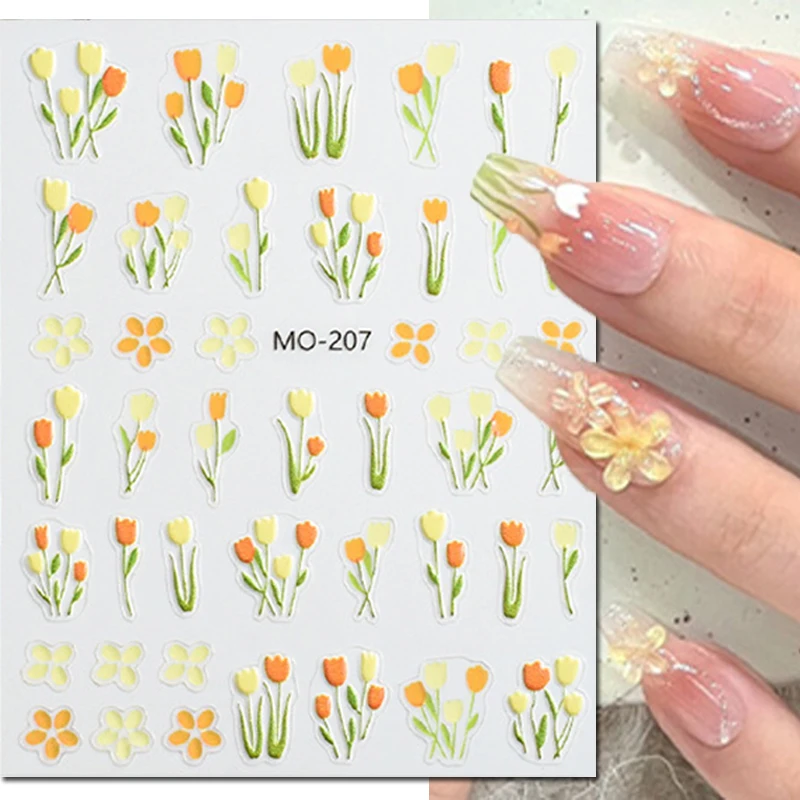 

5D Embossed Nail Art Decals Spring Oil Painting Yellow Tulips Flowers Adhesive Sliders Nails Stickers Decorations For Manicure