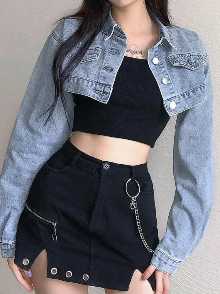 Vintage Langarm Crop Denim Jacke Frauen 2024 Mode Jeans Bomber Jacken Cardigan Mantel Frühling Casual Mäntel Kleidung