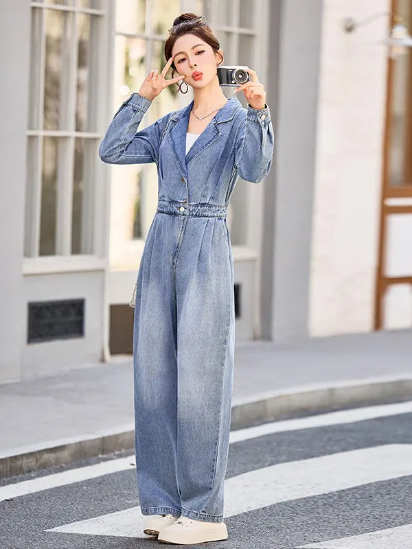 

High Waist Wide Leg Denim Jumpsuit Women's Spring Faion Korean Sle Casual Turn-down Collar One-piece Suit