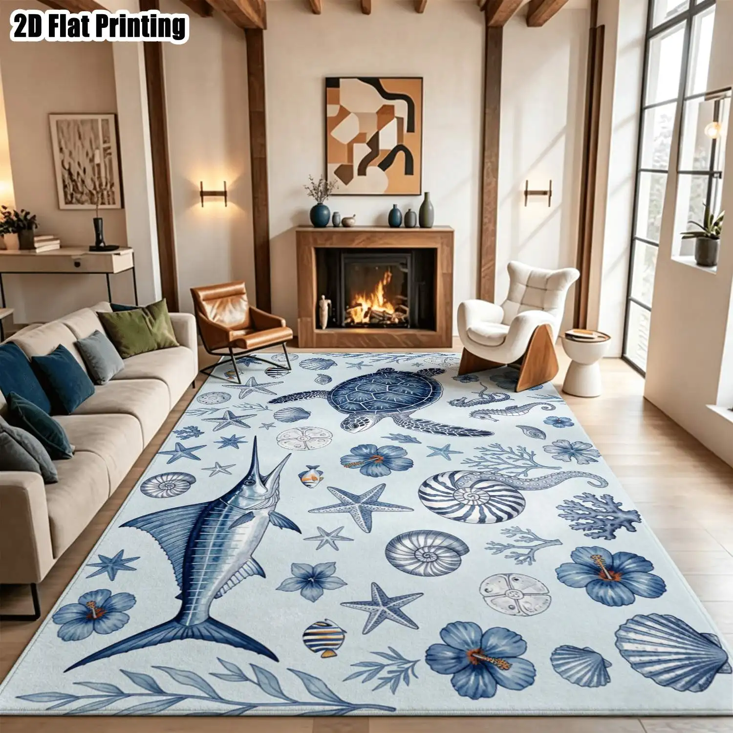 1Pc 2D Printed Carpet: Blue-White Marine Life Patterns, Nordic/Instagram/Modern Minimalist/European/Vintage Styles, Multi-Size, Machine Washable, for Entrance, Dining, Foyer, Living Room, Bedroom Home Decor