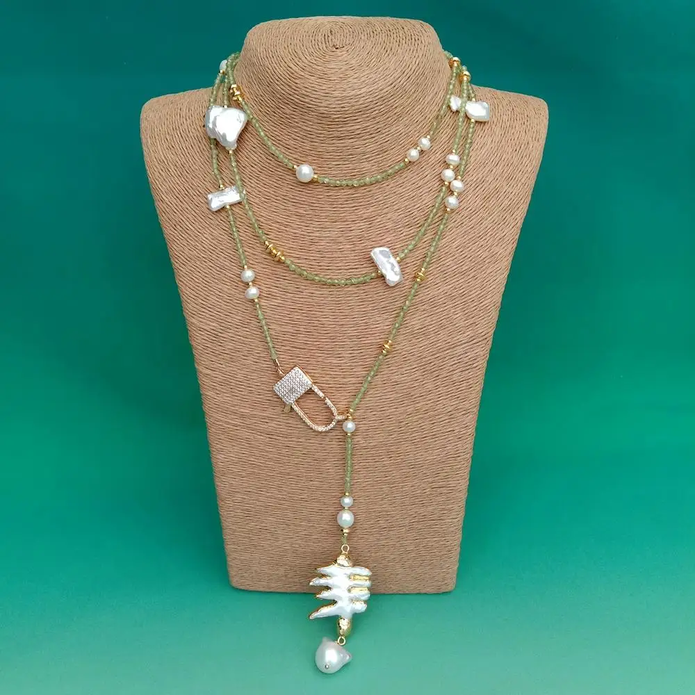 

Y·YING Cultured White Baroque Pearl Green Peridot Long Loop Pendant Charm Necklace