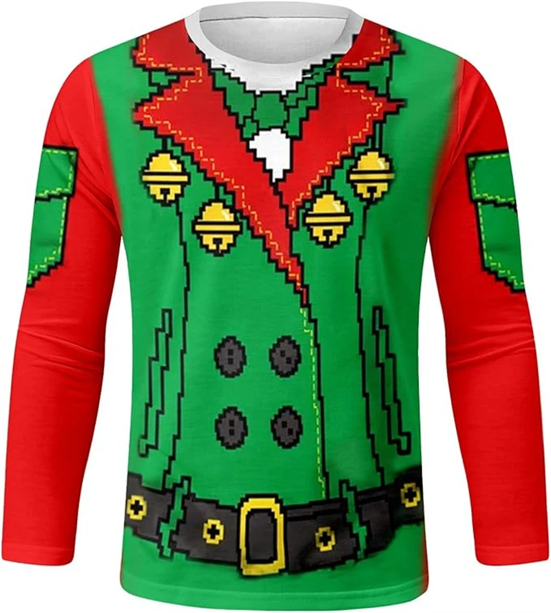 Christmas  Simulated Suit T-shirt Men 3D Fake Bow Fun Printed Men Clothing Personality Long Sleeve Round Neck Hip Hop Party Tops