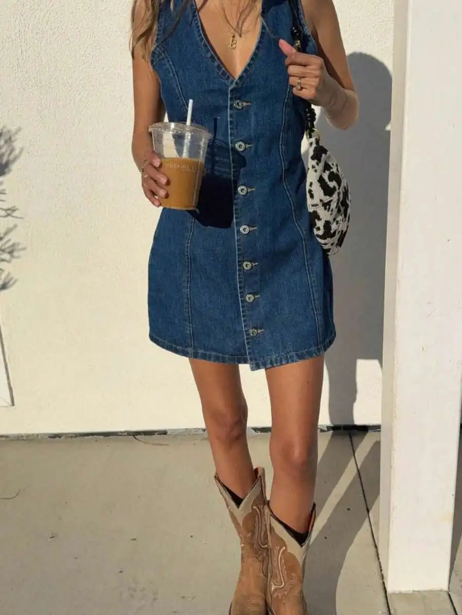 

Women’s Vintage Wash Denim Mini Dress: Sleeveless, V-Neck, Front Button Placket, Adjustable Back Tie Waist, Spring Summer