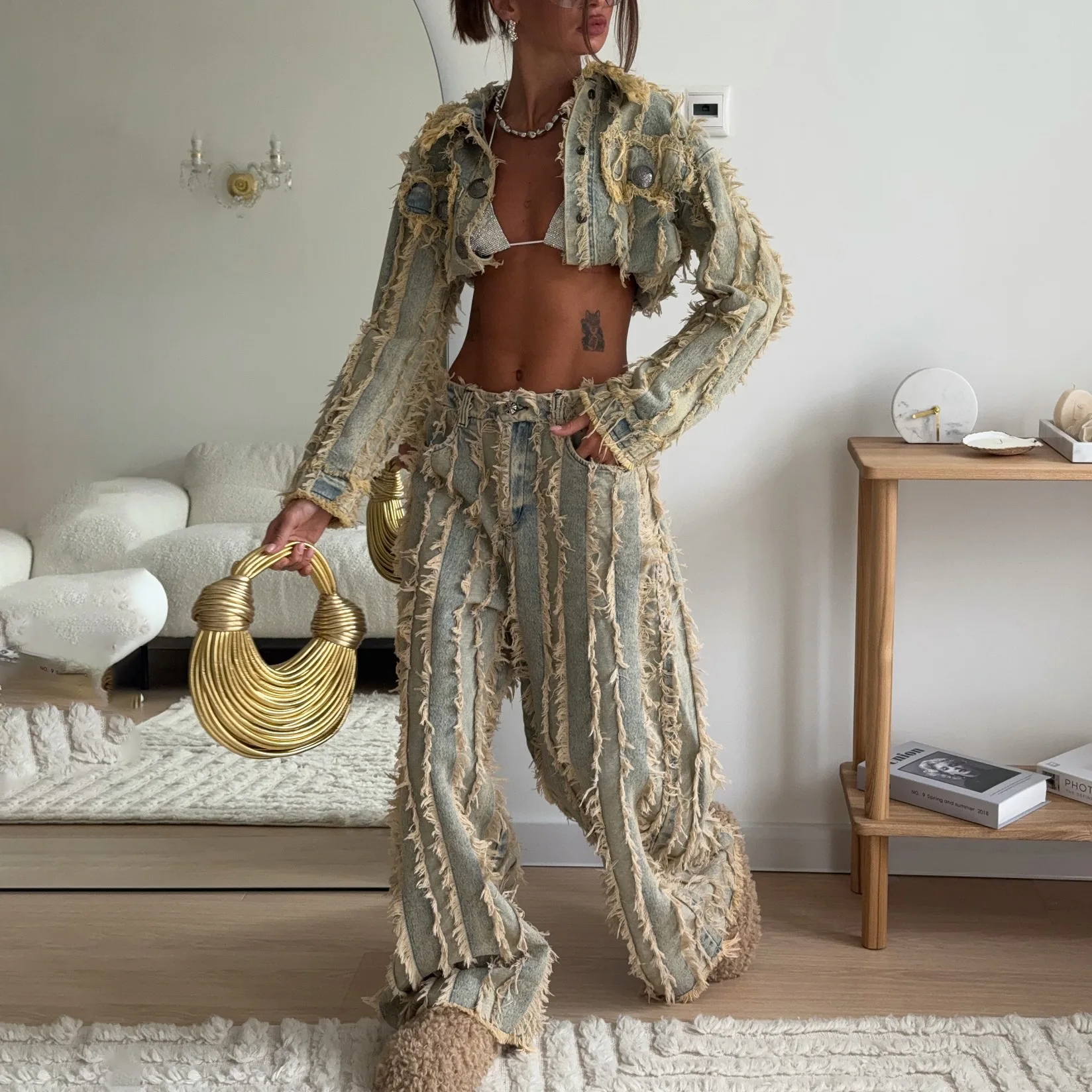 

Women's American Cool Style Design Brushed Denim Set Turn Down Collar Cropped Long Sleeve Jacket & Wide Leg Floor Length Pants