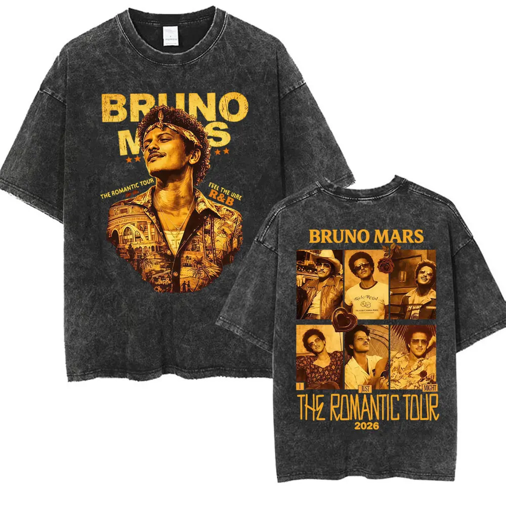 Bruno Mars Romantic Tour 2026 Concert Vintage Washed Tee Shirt Men's Women Fashion Hip Hop T-shirt Summer Tops Oversized T Shirt