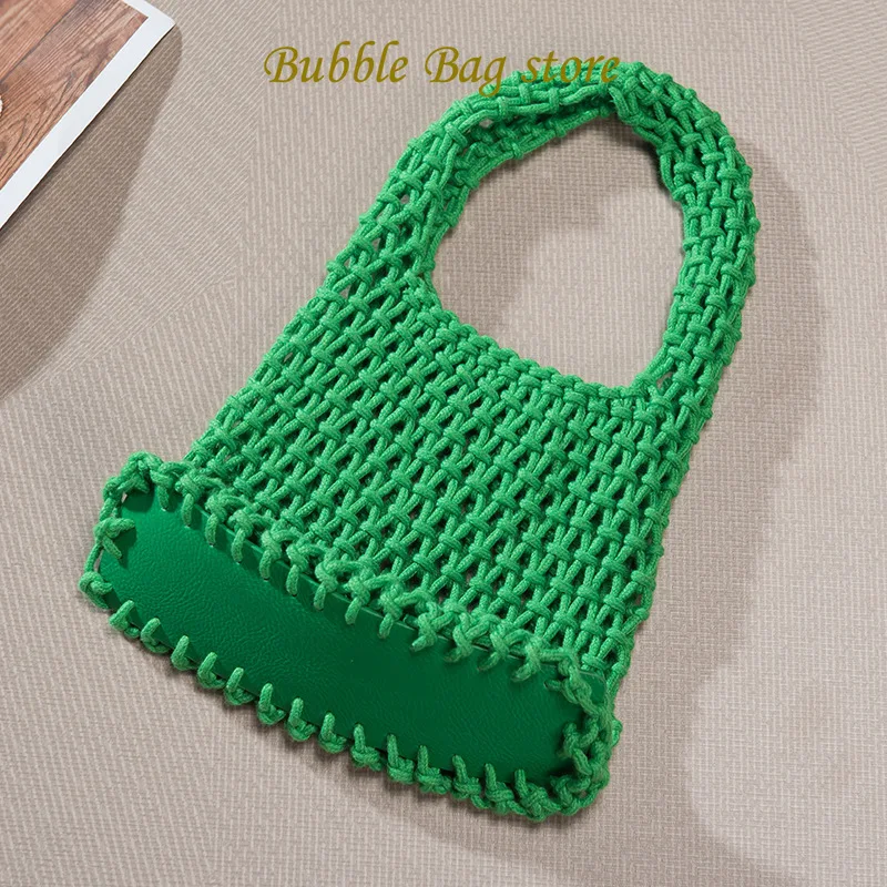 2024 New Summer Candy Color Cotton Rope Handbag Women's Hollow Mesh Bag Beach Vacation Bucket Bag Wrist Bag
