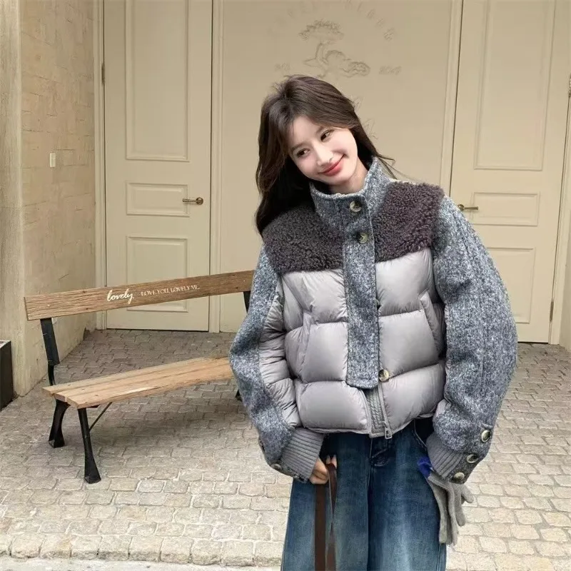 Women Cropped Puffer Jacket Solid Stand Collar Button Front Mixed Media Shearling Tweed Panel Large Quilted Ribbed Cuffs
