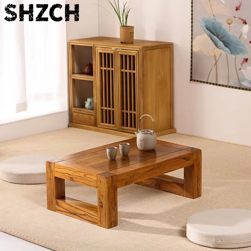 Aged Elm Wood Tea Table - Handmade Tatami Floor Desk with Zen Design for Bay Window, Living Room, Solid Wood Low Table