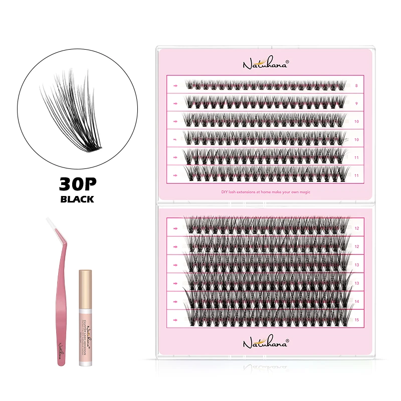 NATUHANA DIY Lash Extension Kit 240 Clusters Individual Lashes 10P 20P 30P 40P Eyelashes and Lash Glue Lash Tweezers Beauty tool