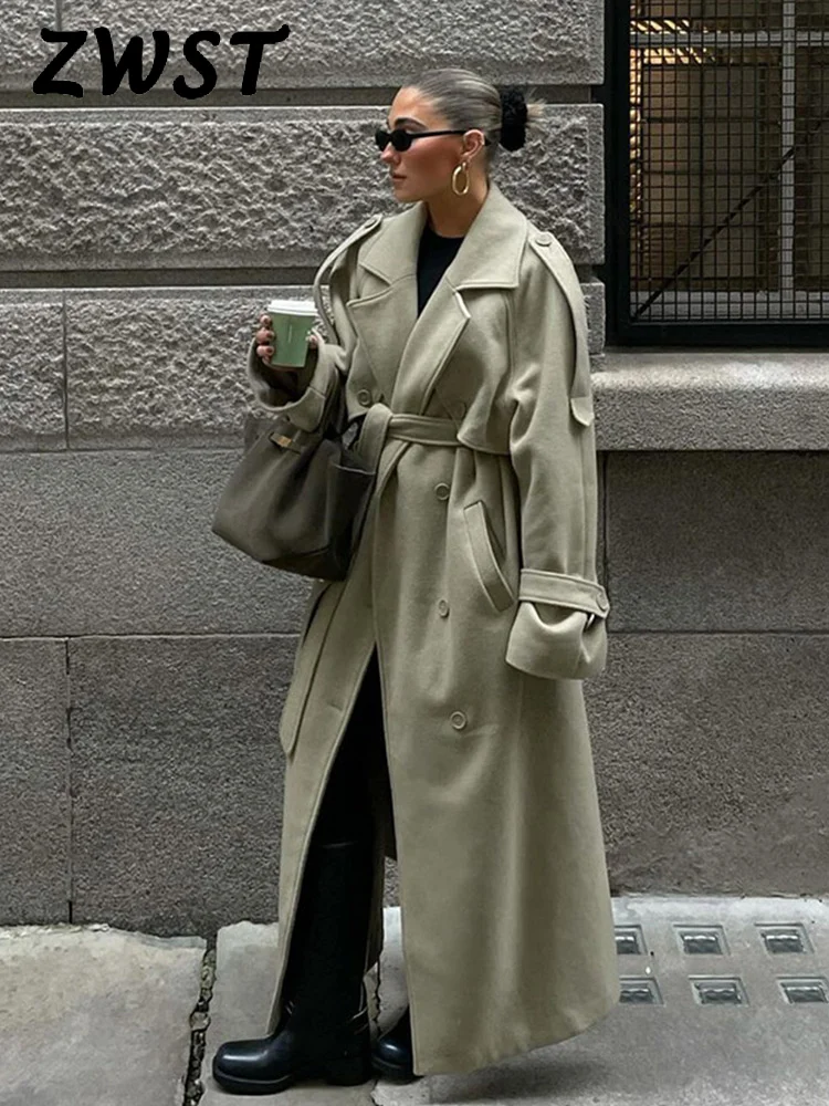 Loose Women's Long Coats Green Full Sleeve Double Breasted Pocket Female Coat 2025 Spring Fashion Straight Lady Overcoat