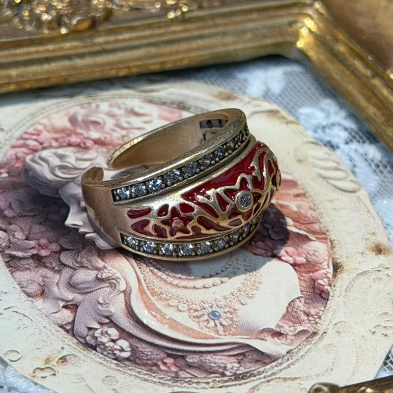 

Vintage Red Enamel Flower Rings Quality Jewelry Luxury Antique Designer For Women Gold Plated Rhinestone Brand Trends 2026 Party