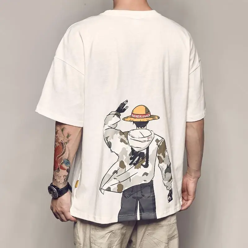 Camiseta de manga corta con estampado de Luffy de dibujos animados de algodón para hombre, camiseta holgada informal de verano, top base para estudiantes de tendencia