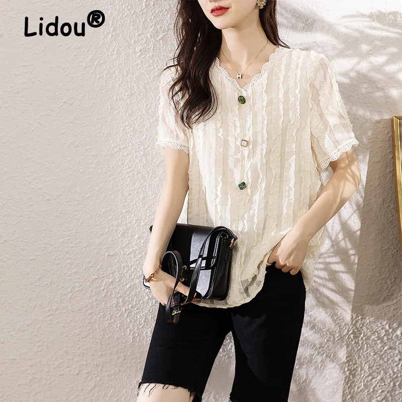 2024 Summer Women's Korean Fashion Lace Patchwork Ruffle Blouse Elegant Chic Chiffon Shirt V Neck Short Sleeve Loose Tops Blusas