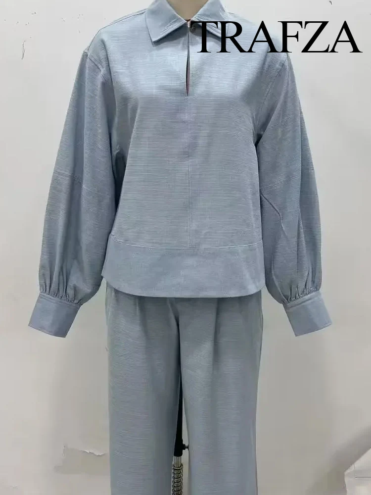 

TRAFZA Women Elegant Long Sleeve Turn-down Collar Denim Shirts+Slim Zipper Pockets Button Straight Pants Summer 2-Piece Set