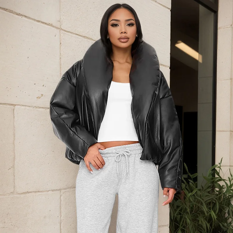 

Women's Solid Leather Cotton Jacket Full Sleeve Thicken Pockets Female Parka Coats 2026 Autumn Female Edgy Stylish Outerwear