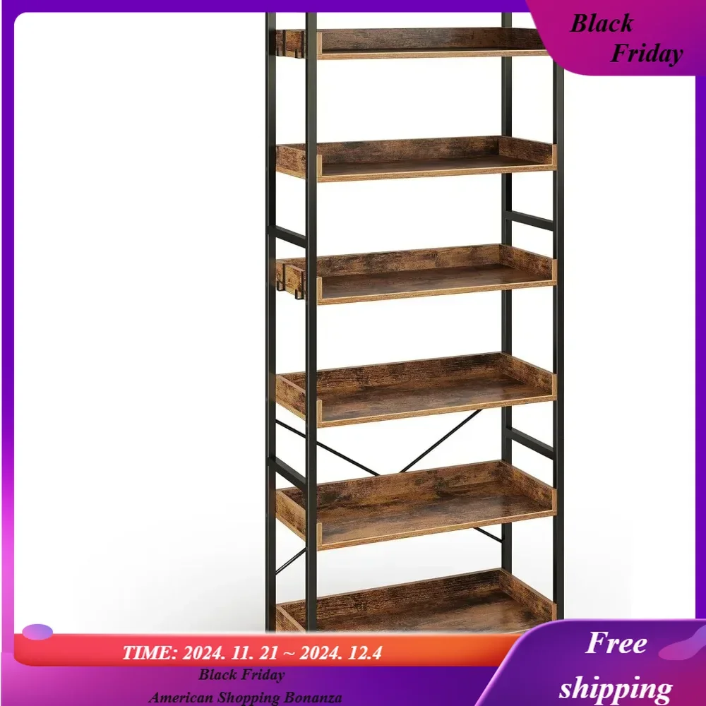 

Bookshelf 6 Tier with 4 Hooks, Industrial Bookcase, Vintage Storage Rack with Open Shelves, Rustic Bookshelves Metal Frame