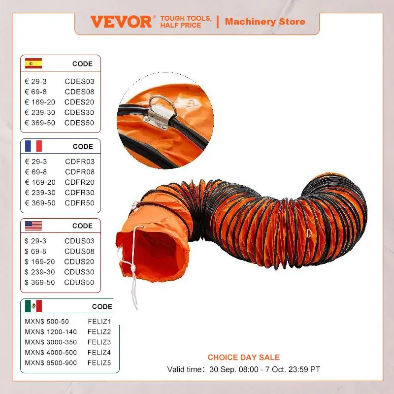 VEVOR 25FT PVC Flexible Exhaust Hose 8Inch 10Inch Diameter W/ D-Shaped Ring for Duct Fans Vent Exhausts in Factory and Basement