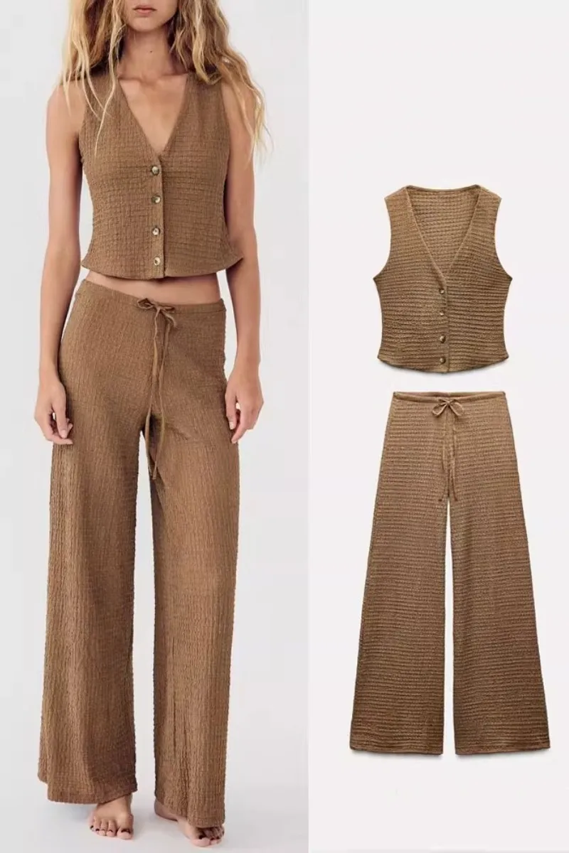 

European And American Texture Set Women'S Summer Simple V-Neck Vest Paired With High Waisted Straight Leg Pants Two-Piece Set