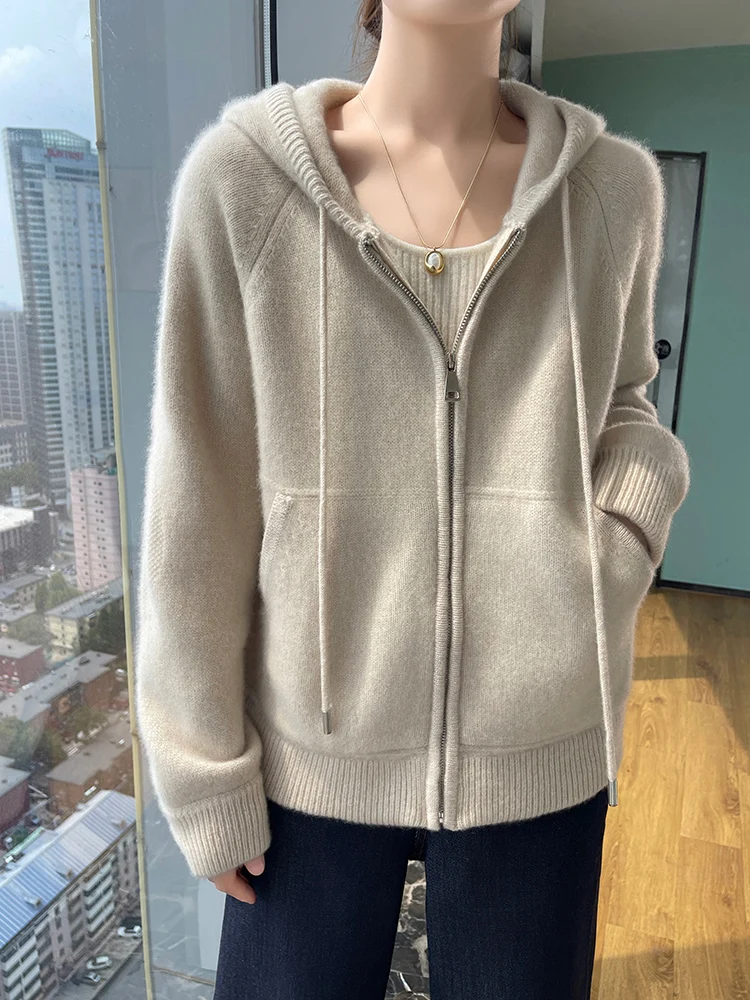 2024 Fashion Women Hooded Cardigan Zippers Sweater 100% Merino Wool Autumn Winter Thick Casual Loose Style Cashmere Knitwear Top