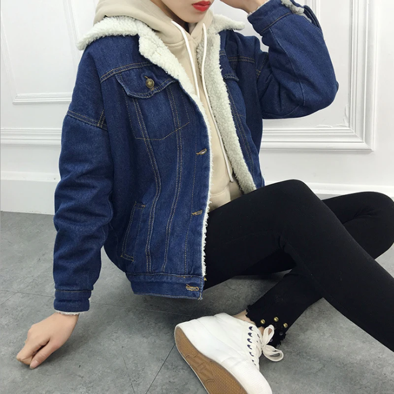 

Autumn Winter Female Denim Basic Jackets 2022 Lambswool Women Warm Jeans Coat Long Sleeves Jeans Coat Outwear Wide Denim Jacket