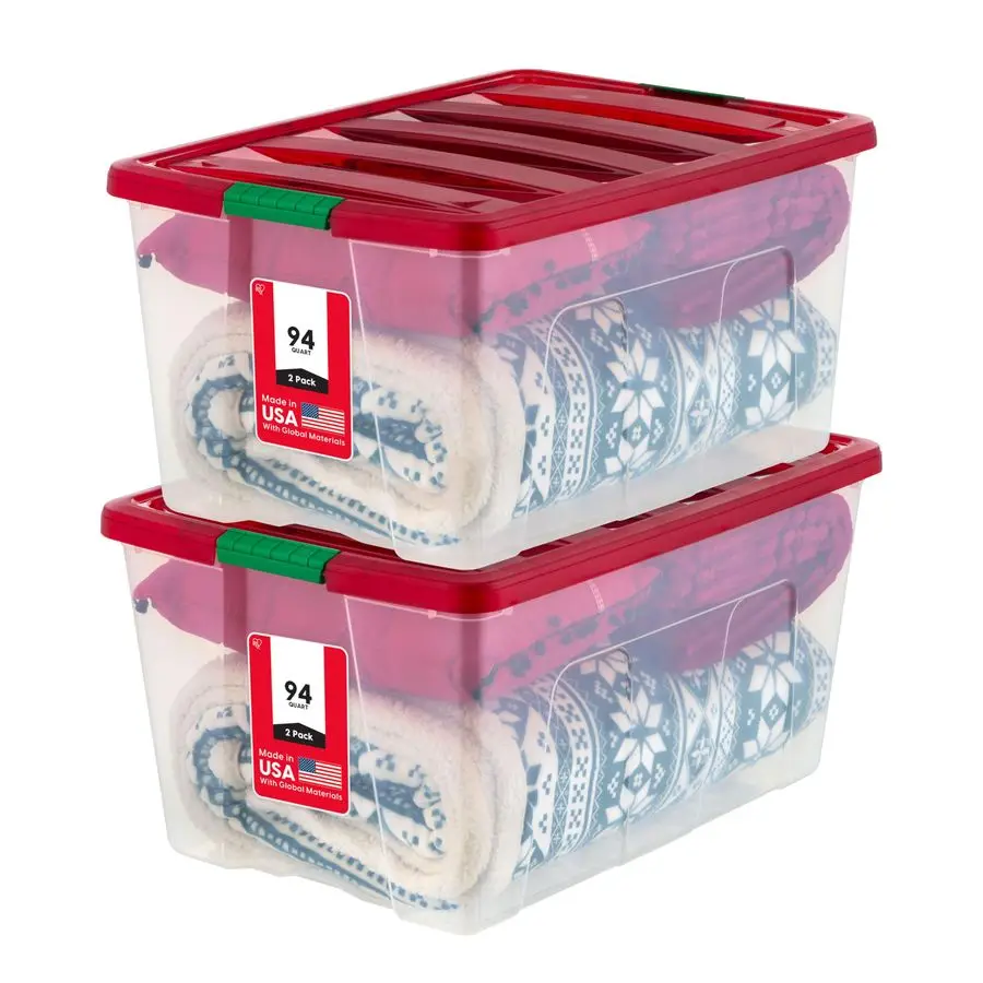 

USA 94 Qt. Stackable Plastic Storage Bins with Lids, 2 Pack BPAFree, SeeThrough Organizing Solution, Latches, Durab Customizable