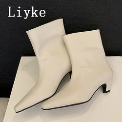 Liyke Autumn Winter PU Leather Ankle Boots Women Fashion Square Toe Short Booties Female Low ThicK Heels Party Shoes Size 35-40