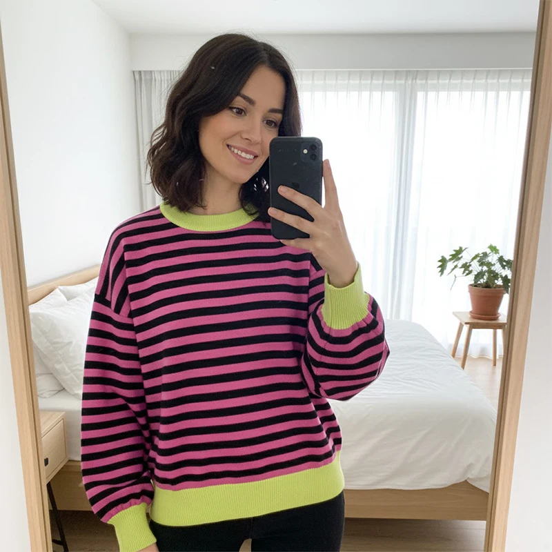 

Ladies' Contrasting Striped Sweater Autumn And Winter Round Neck Loose Long Sleeved Knitted Sweater Fashionable Casual Top