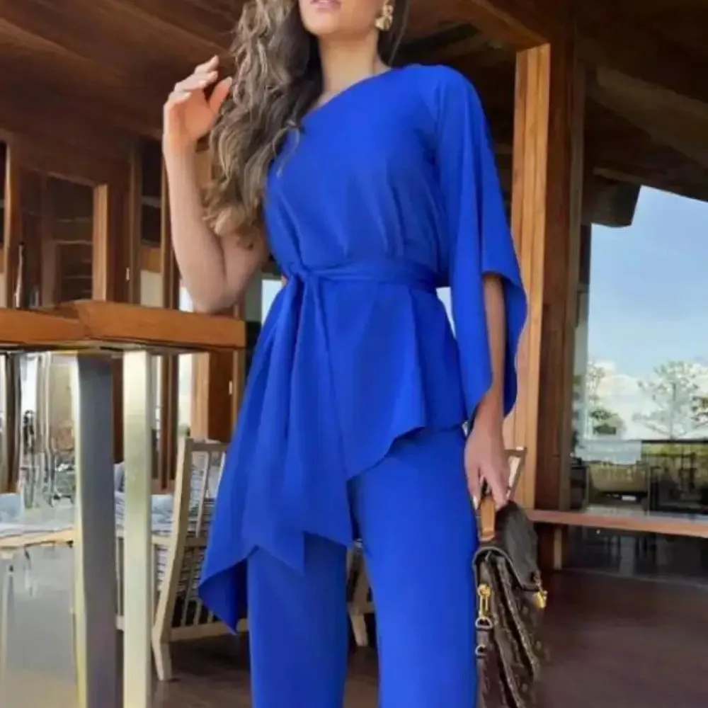 Blue Top & Wide Leg Pants Set Elegant Women Vest Wide Leg Pant Sets Two Piece Suit Spring Summer High Waist Trousers Suit