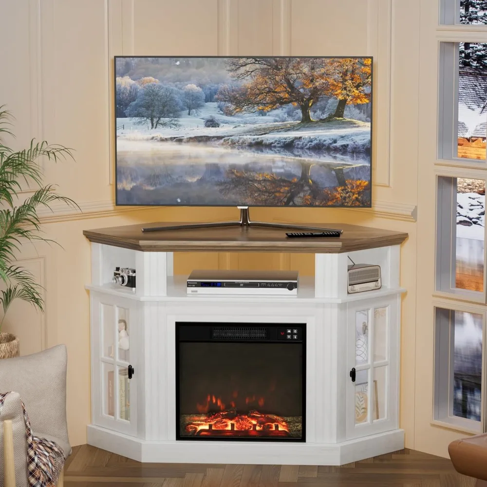 

Modern Corner TV Stand with Built-in 18 Inch Electric Fireplace, Entertainment Center for 55 Inch TVs