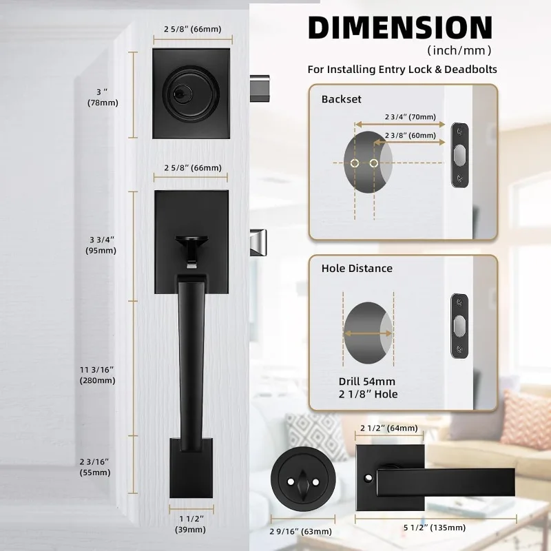 Front Door Handle and Deadbolt Set, Front Door Lock Set, Exterior Door Lock Set,, Reversible for Right&Left(Matte Black Modern)