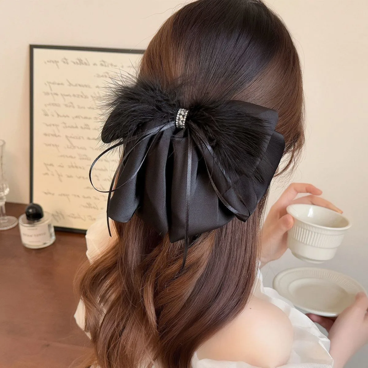 

Feather Ponytail Hair Claw Clip Retro Bow Streamer Shark Clasp Lightweight Non Slip for Thick Hair Updo Office Festival