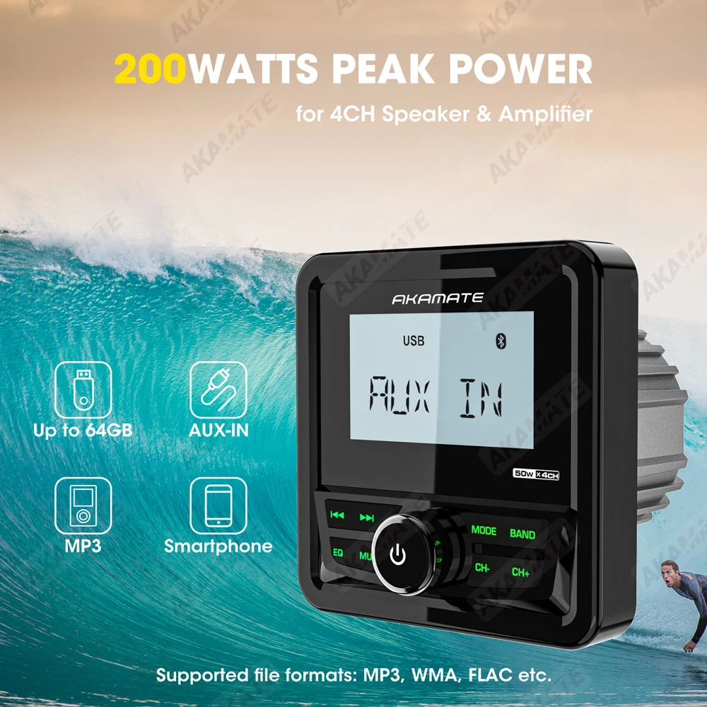 MP3 Stereo Radio For RV Bluetooth FM AM EQ  HD Waterproof IPX5 AUX Multimedia Player for ATV UTV Boat Marine Motorcycle 200W