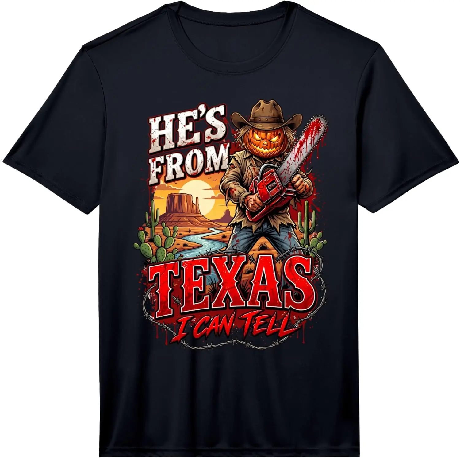 Hes From Texas I Can Tell Scary Chainsaw Horror Performance T-Shirt Fun 100% Cotton Short-Sleeve Shirt – A Gift For Halloween Or