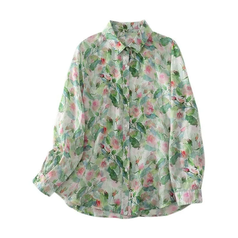 2025, Blatt-bedrucktes Hemd, französisches, lässiges, vielseitiges, dünnes, florales Damen-Knopf-Elegantes Oberteil