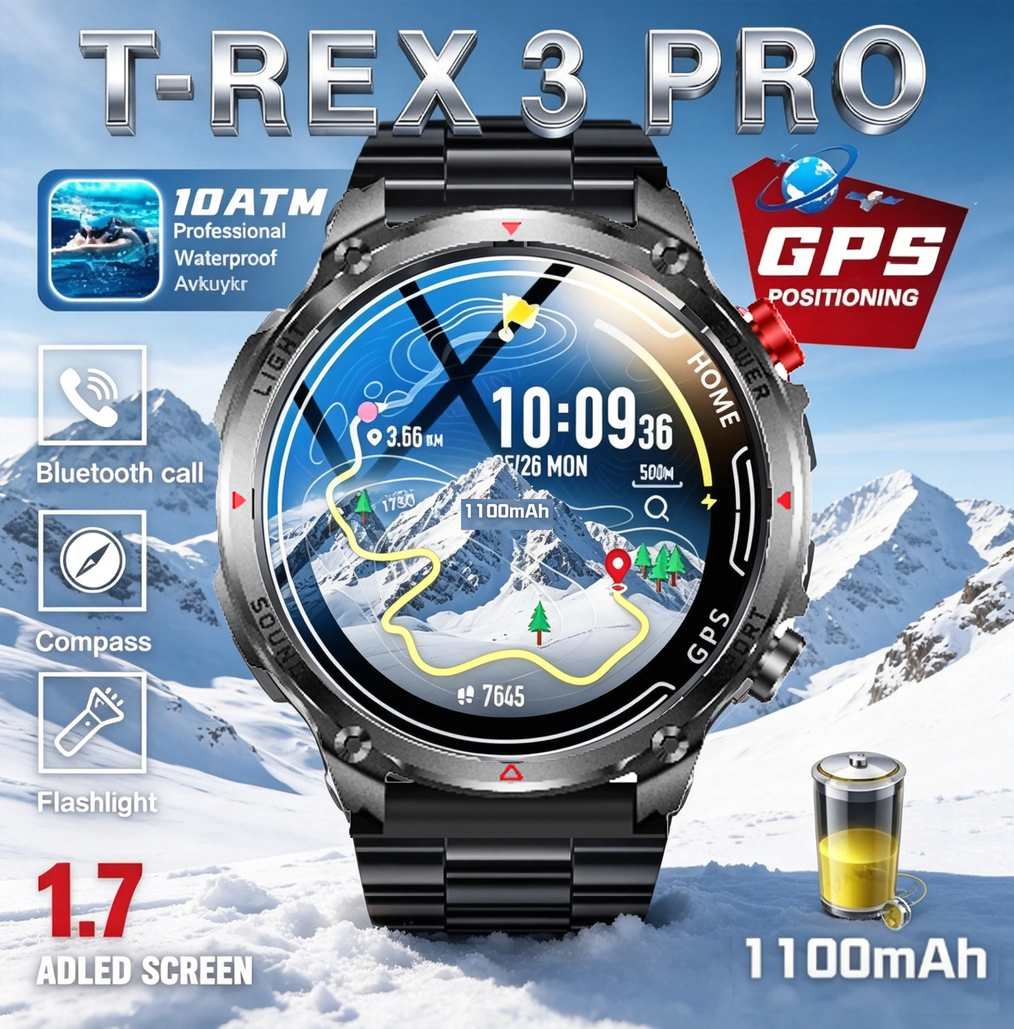 

2026 New T-Rex 3 Pro Smart Watch 1100mAh Long Battery Dual-Band GPS 10ATM Waterproof Military Grade Sports Outdoor Smartwatches