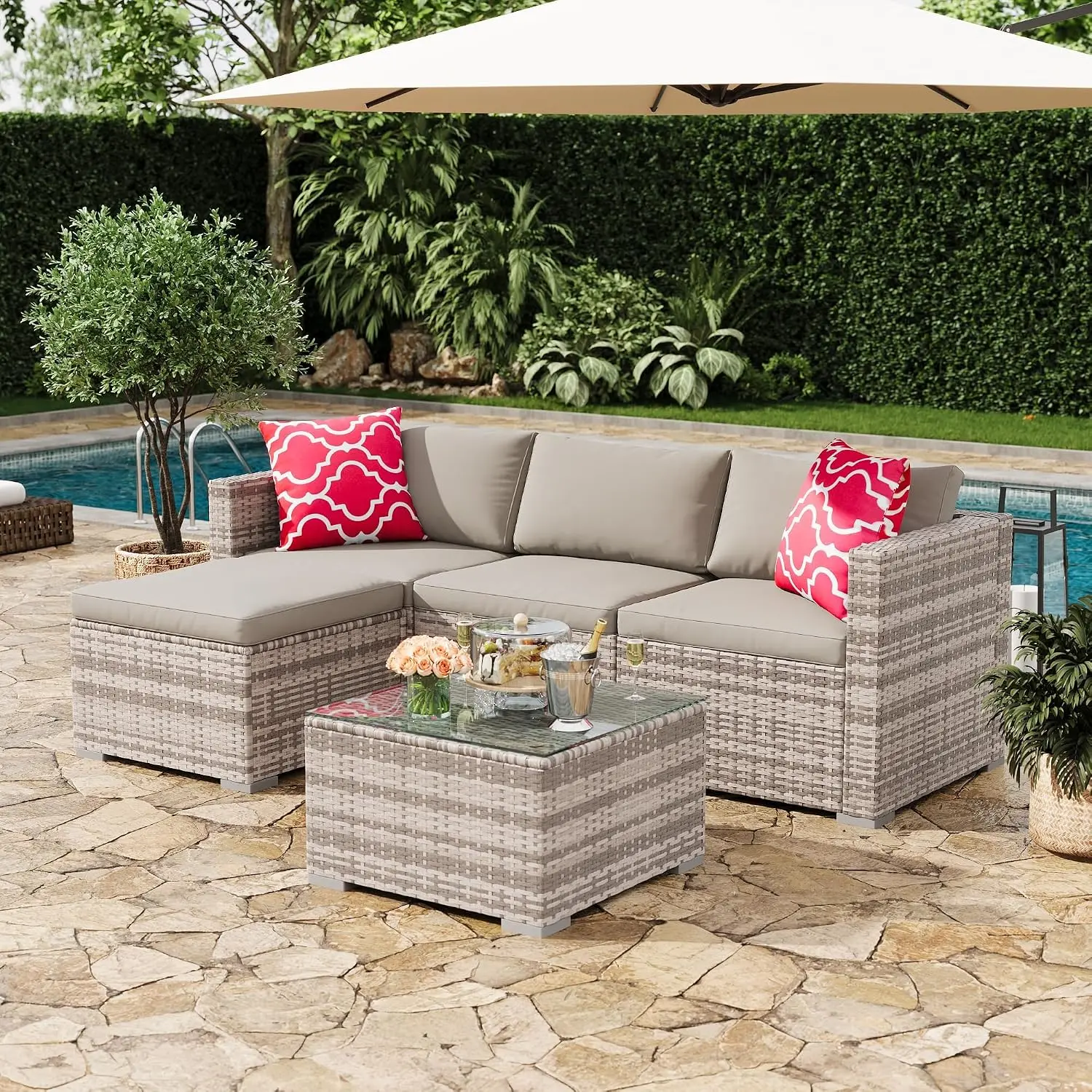 5-Piece All-Weather Patio Sectional Sofa Set with Ottoman & Tempered Glass Table, PE Rattan Outdoor Furniture , Customized