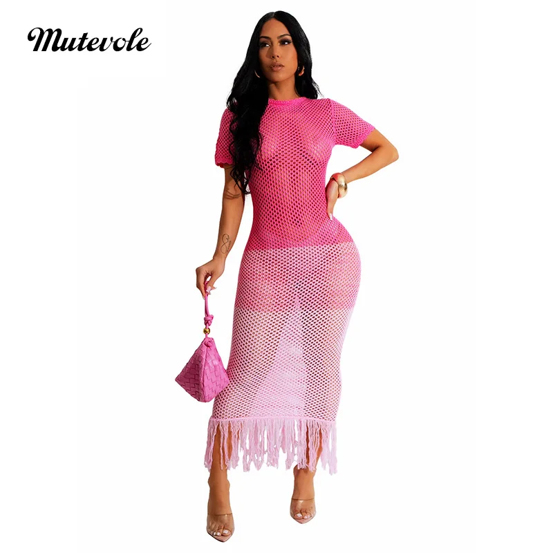 

Mutevole Summer Short Sleeve See Through Cover Up Dress Women Fringe Tassel Patchwork Gradient Beach Dress