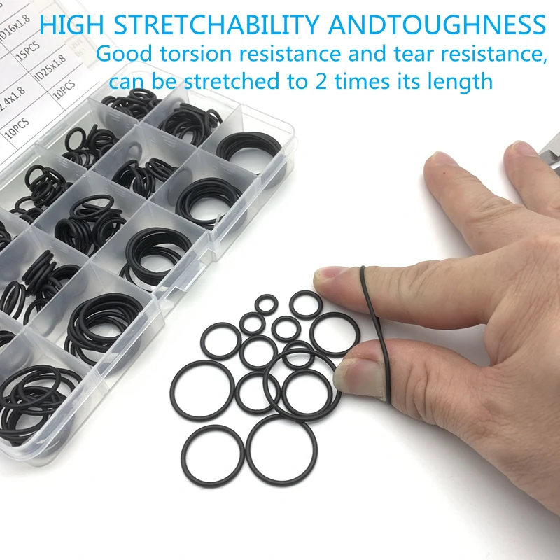 225pcs/Box Rubber O Ring Thickness 1.8mm Assortment Black O -Ring Seals Set Nitrile Washers High Quality For Car Gasket 15 Sizes