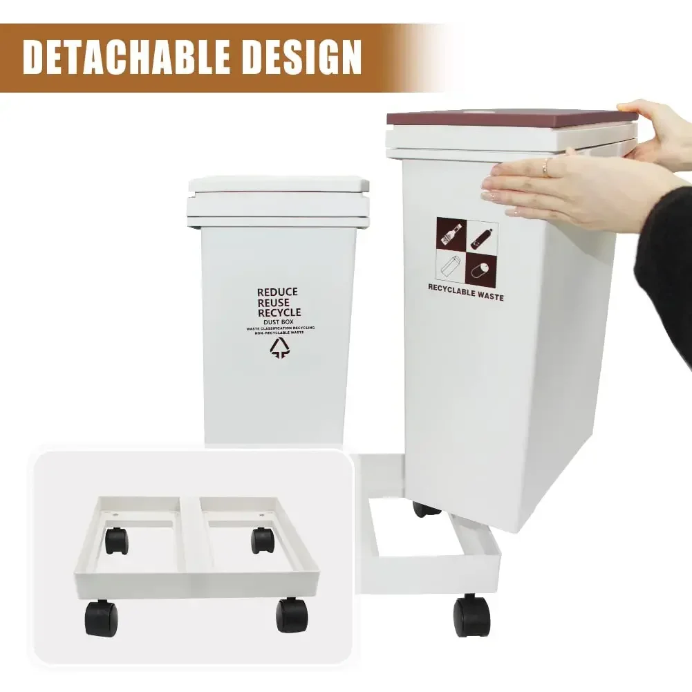 Compartment Trash Can with Wheels Double Garbage Can Recycling Bin with Lid Detachable Press-Open Lid Kitchen Sorting Trash Can