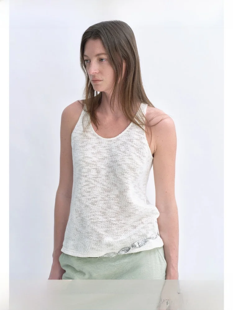 

Planites Vol9 Mixed Fiber Cotton Knitted Hollow out U-Ne Vest Double Tead Textured Polyester Blend Summer Casual Wear