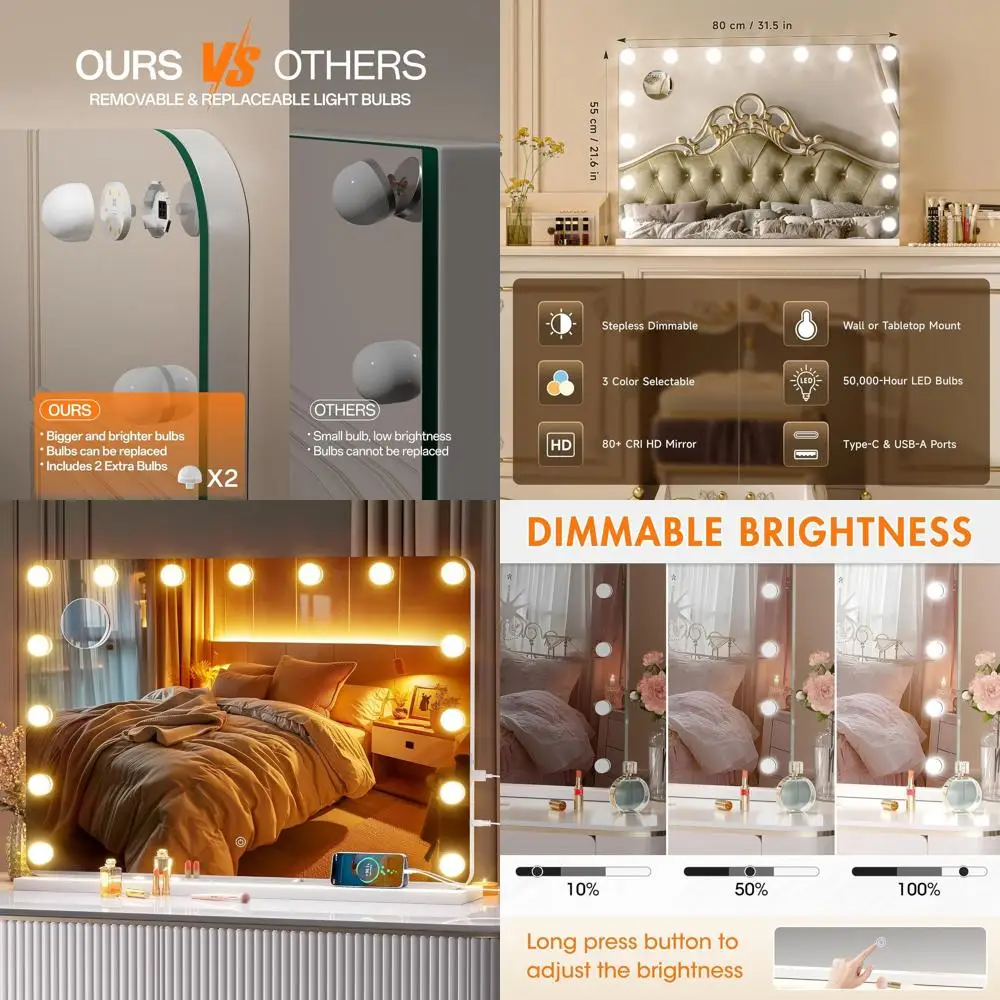 

Голливудское косметическое зеркало 32x22 со светодиодной подсветкой, белая закругленная рама, 3-цветное затемнение, порта USB/Type-C, настенное или настольное крепление