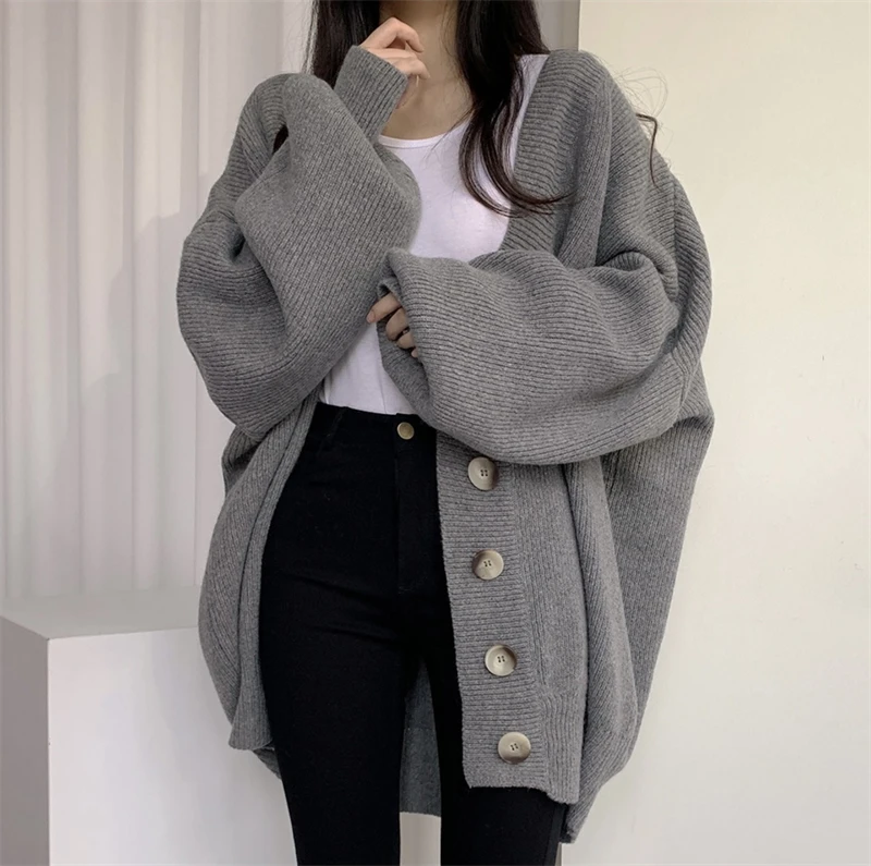 

New Fall/winter Casual V-neck Single Breasted Knitted Cardigan Sweater Coat Lantern Sleeves Loose Women's Knitwear Female Tops