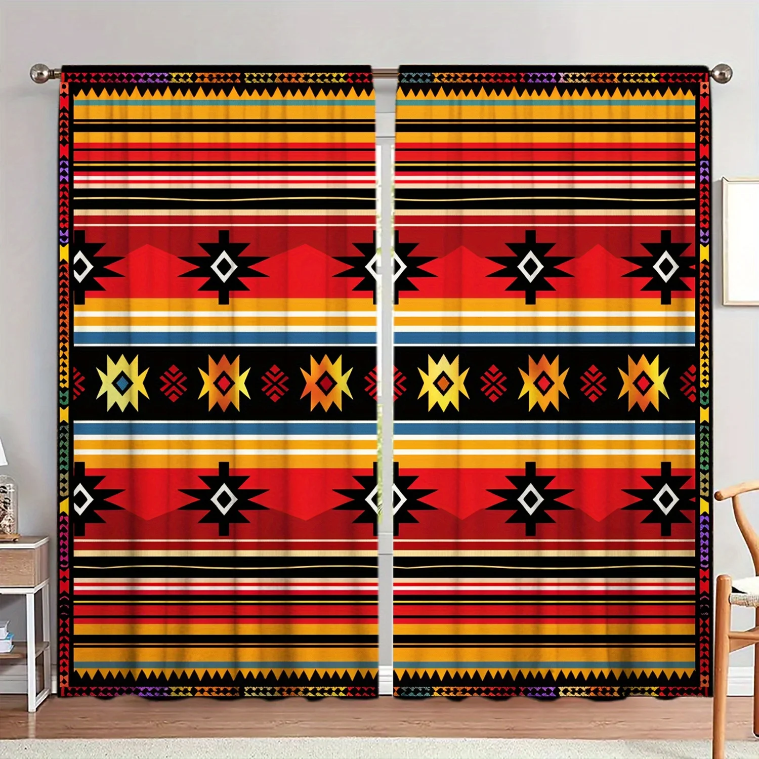 Boho Geometric Curtains, Southwestern Aztec Print Blackout Drapes, Retro Tribal Decor for Living Room Bedroom Window Treatment
