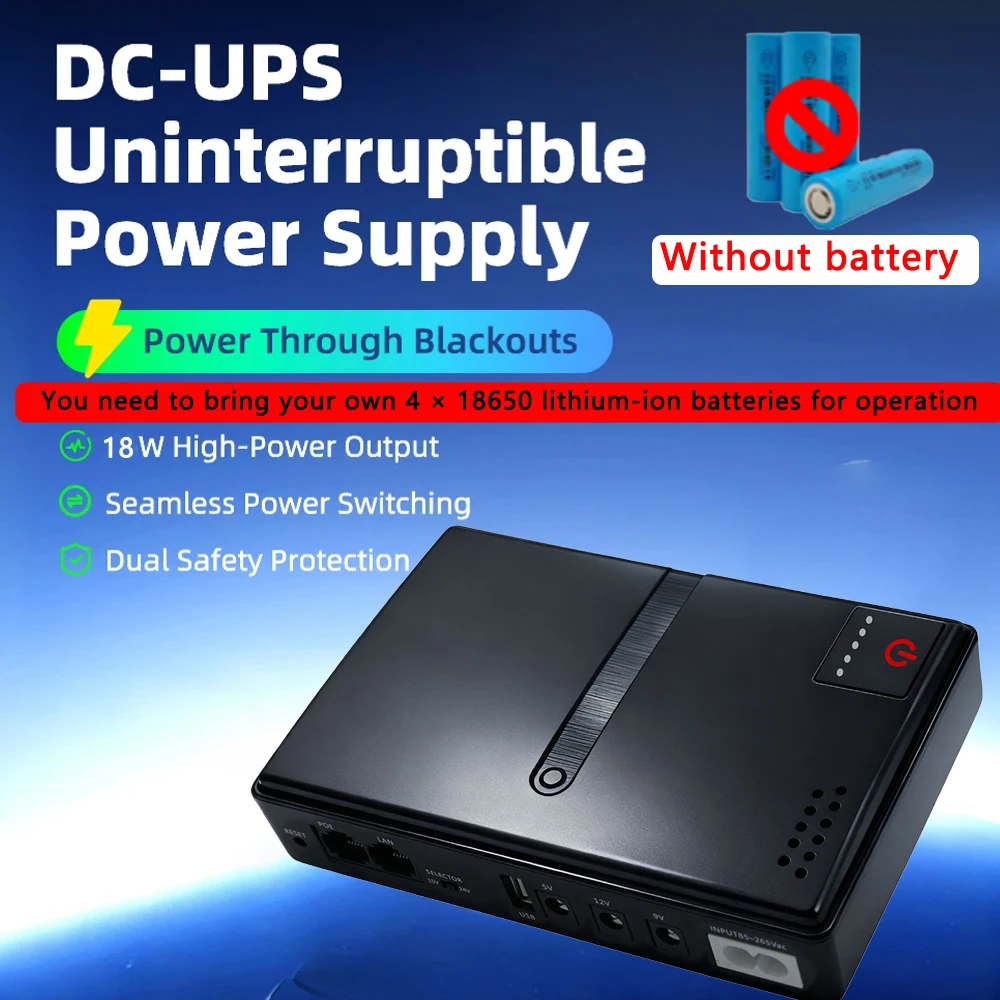 DC18W AC85-265Vac/50-60Hz 1A/2A 5V/9V/12V Large Capacity Multipurpose Mini Portable UPS Backup Power Adapter for WiFi, Router