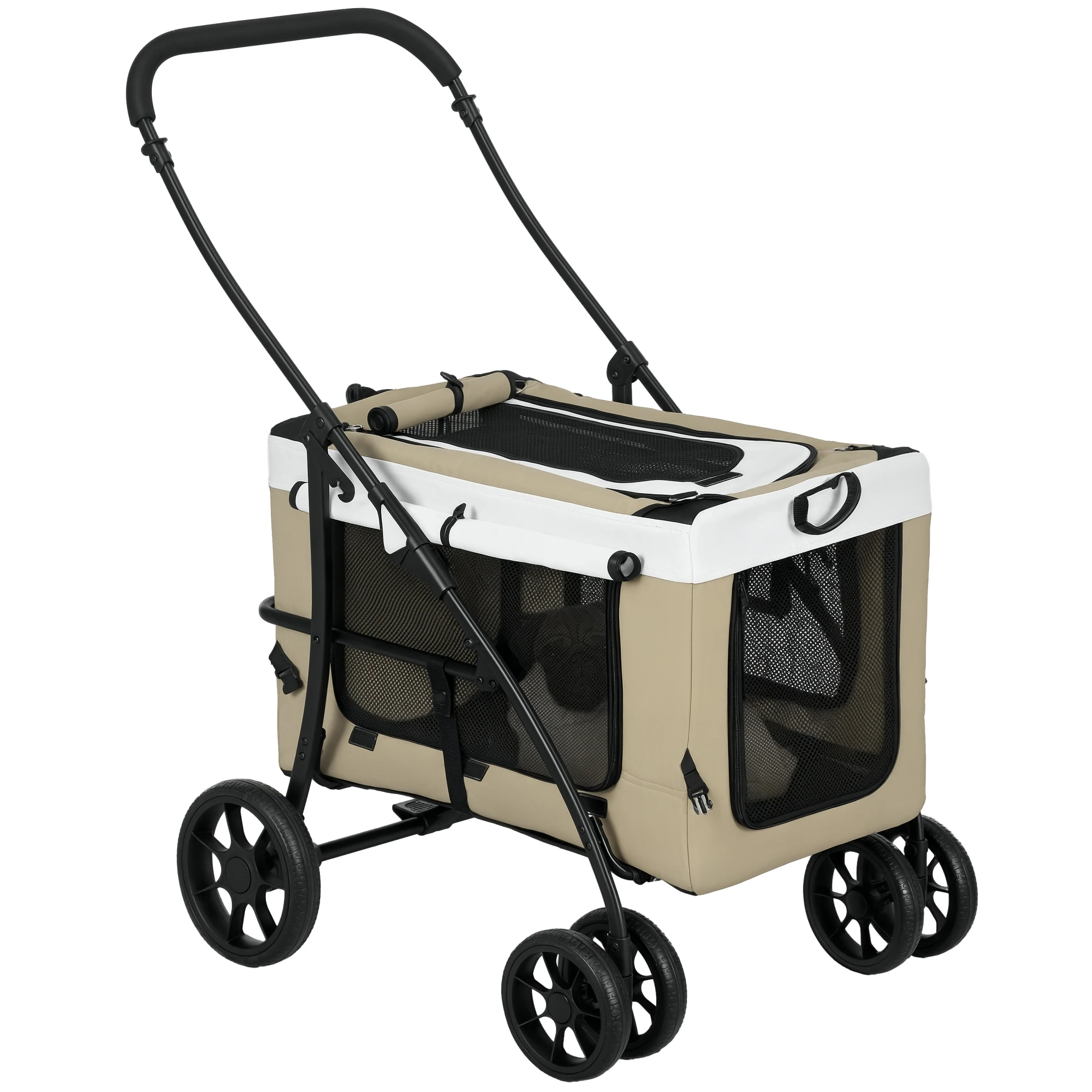 Pawhut Opvouwbare Hondenbuggy met Afneembare Wagen 4 Deuren met Rits 2 Veiligheidsriemen en Kussen Khaki