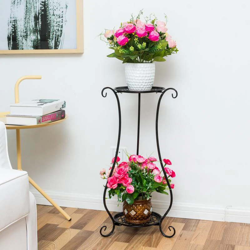 Soporte de flores de hierro multifuncional de doble capa para plantas, estante de flores para piso de balcón, soporte para macetas de interior, soporte para suculentas